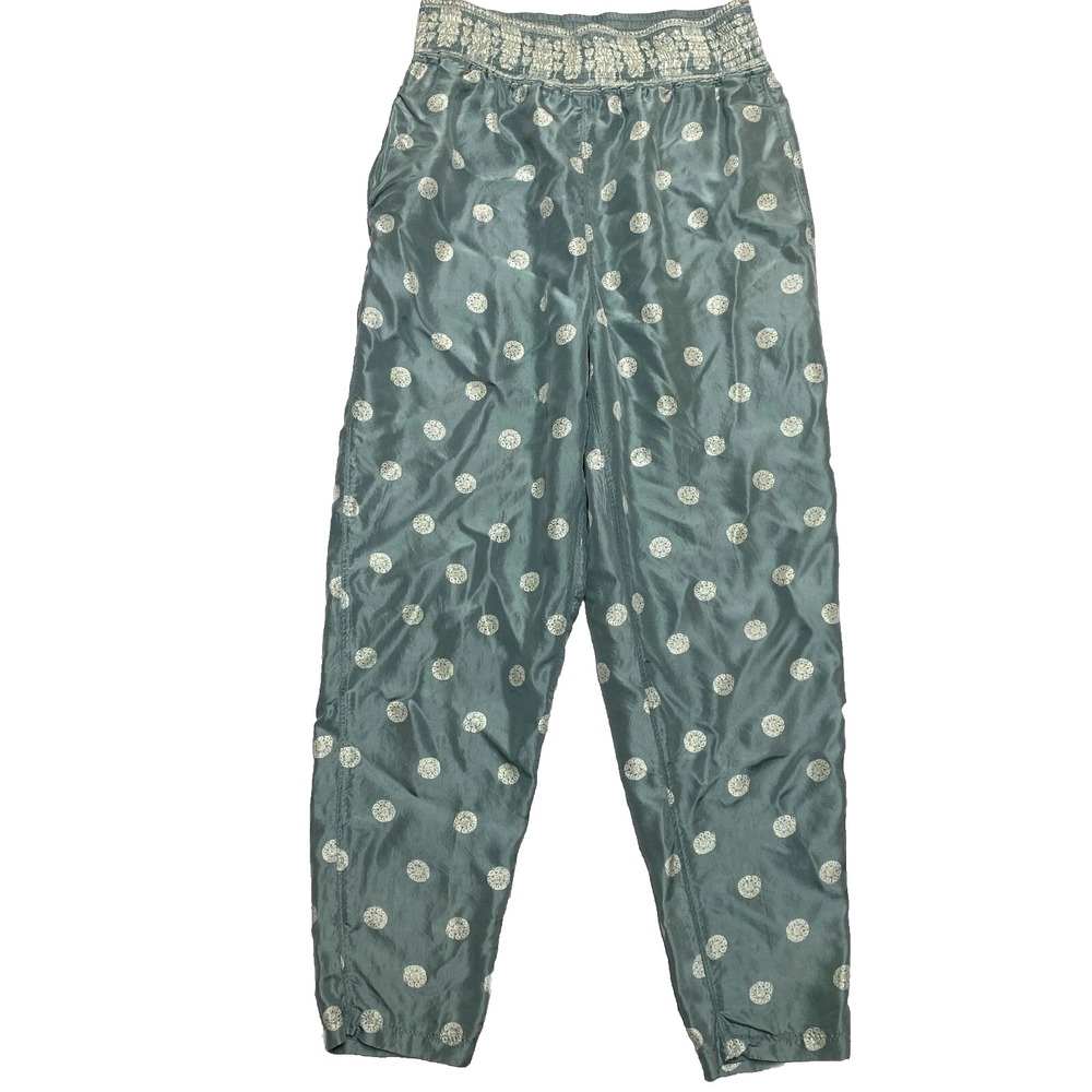 Diane Gilman Pants Womens Large Green 100% Silk Elastic Waist Pull On Satin